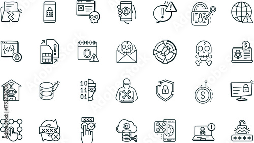 Cybersecurity and Data Protection Vector Icons. Set of 32 line art symbols for digital security, hacking threats, and privacy. Includes shield, hacker, phishing, and firewall