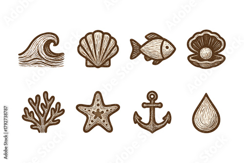 Nautical and marine vintage style icons: sea life and ocean elements collection