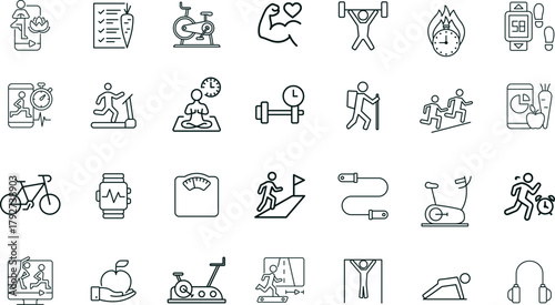 Fitness and Exercise Activity Vector Icons. Set of 32 line art symbols for gym workouts, health tracking, and wellness. Includes dumbbell, runner, yoga, and smartwatch