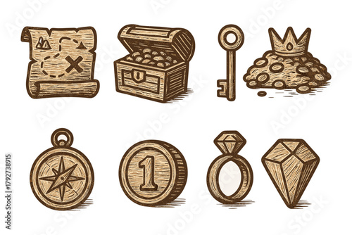 Vintage treasure hunt: pirate map, chest, and gold icons in retro style
