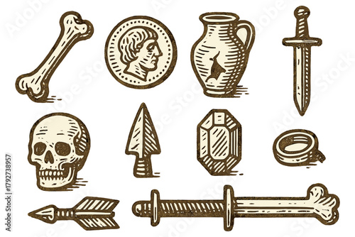 Antique engraving style: ancient artifacts and collectibles with skull, sword, and more