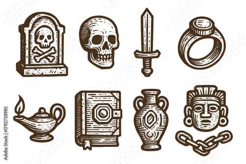 Vintage halloween gothic icons set with ancient artifacts and symbols