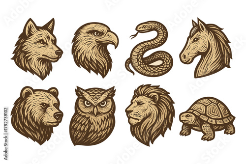 Wildlife portraits: detailed animal heads in vintage style