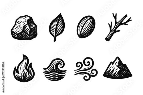 Vintage nature elements: earth, water, fire, air in retro woodcut style