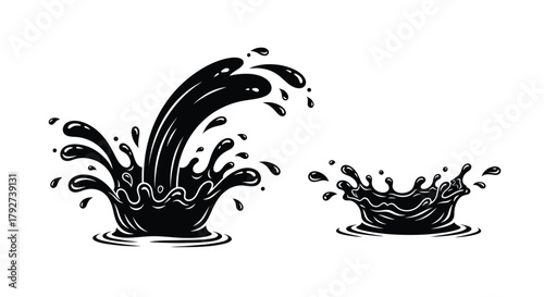 Black and white illustration of water splashes and liquid droplets