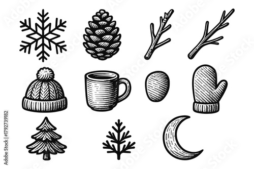 Vintage winter elements set: snowflakes, pinecone, mittens, and more in hand drawn style