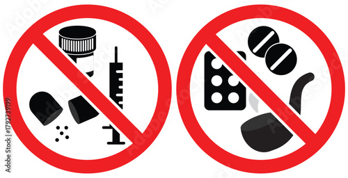No Drugs and Alcohol Prohibition Symbol Set —  Red Warning Sign, Stop Addiction, No Smoking, Prohibited Substance Abuse, Health Awareness Vector Icon