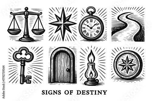 Vintage destiny symbols collection with scales, compass, and key in retro woodcut style
