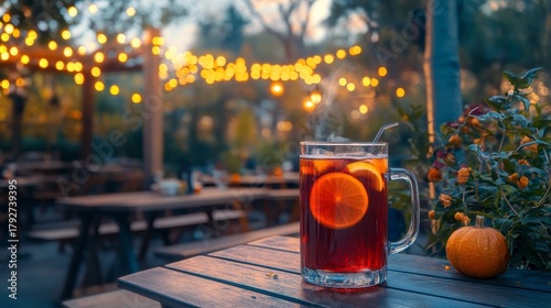 An outdoor cafe, adorned with autumn leaves and string lights for fall, has three glasses of mulled wine sitting on one of its tables