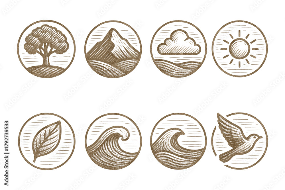 Obraz premium Nature icons set featuring tree, mountain, cloud, sun, leaf, waves, and bird in vintage circular design
