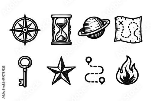 Vintage adventure icons: retro symbols of exploration and navigation
