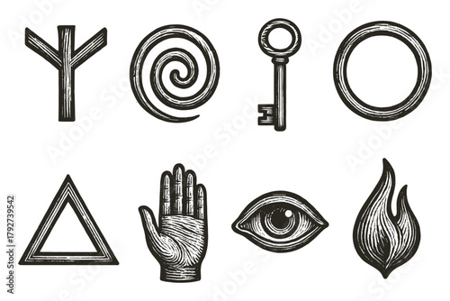 Mystical line art symbols collection: runes, ancient icons, and esoteric designs