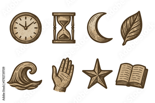 Vintage woodcut symbols: clock, hourglass, moon, leaf, wave, hand, star, book