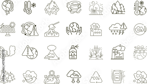 Climate Change and Environmental Protection Vector Icons. Set of 32 line art symbols for pollution, global warming, and sustainability. Includes CO2, drought, and solar panels