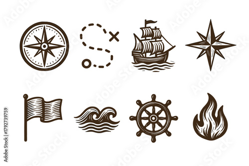 Vintage nautical icons: compass, ship, and more in classic style