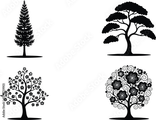 Stylized tree silhouette set, black vector collection of artistic foliage designs, floral and swirl patterns, conifer and deciduous shapes, nature graphic elements