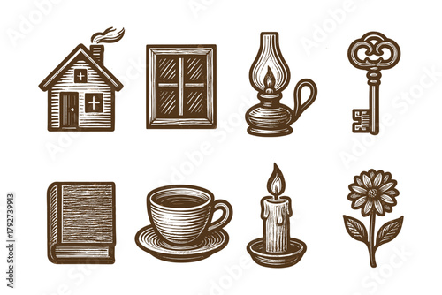 Vintage hand drawn retro icons collection featuring home, key, and floral elements