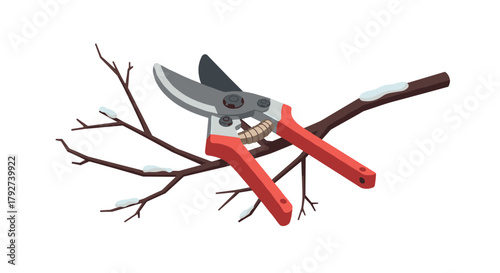 Gardening pruning shears cutting branch with snow in flat style