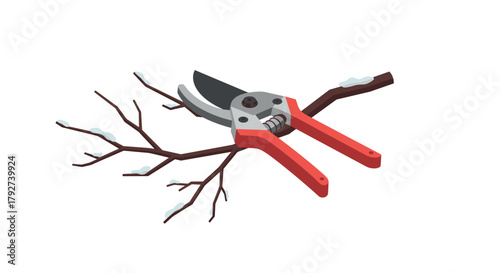 Isometric pruning shears on snowcovered branches for winter gardening