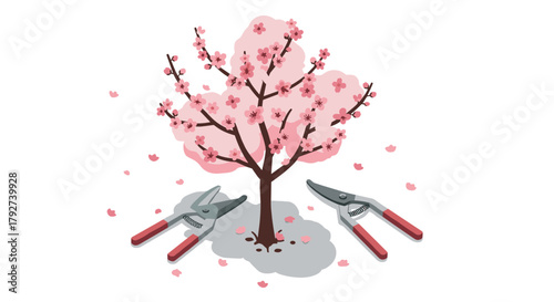 Pruning a blossoming cherry tree in springtime with garden shears on white background