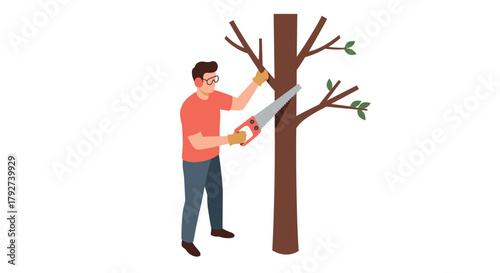 Person pruning tree with hand saw in flat style