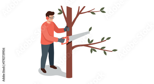 Man sawing tree branches in isometric style for gardening and woodwork