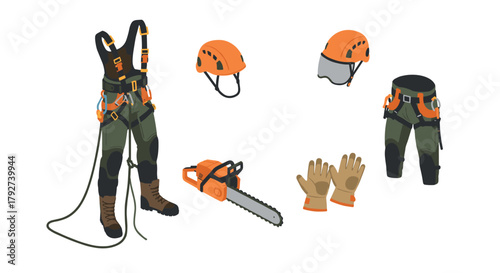 Essential climbing gear set harness, helmet, chainsaw, gloves, and pants