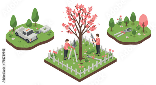 Isometric spring gardening scene with cherry blossoms and gardeners