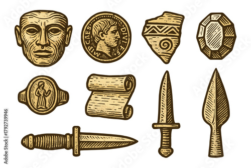 Vintage ancient artifacts: coins, masks, weapons, and jewelry