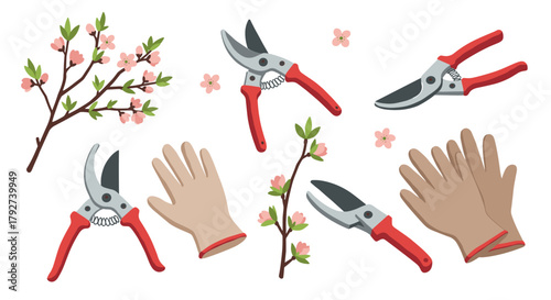 Pruning tools and spring blossoms with gardening gloves in a flat style design