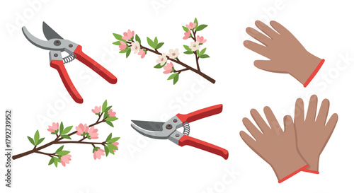 Gardening tools and cherry blossoms pruners and gloves in flat design