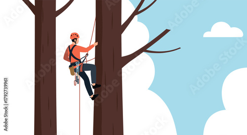 Tree climber in action outdoor adventure and safety gear concept