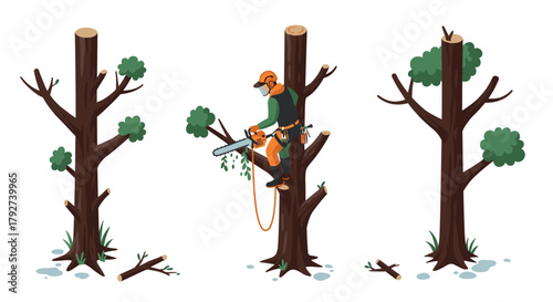Arborist pruning tall trees with chainsaw in isometric style