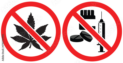 No Drugs and Alcohol Prohibition Symbol Set —  Red Warning Sign, Stop Addiction, No Smoking, Prohibited Substance Abuse, Health Awareness Vector Icon
