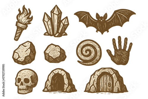 Vintage halloween elements: torch, crystals, bat, skull, and caves in rustic style