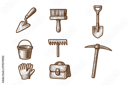 Vintage hand drawn garden tools set with shovel, rake, and trowel for gardening