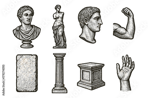 Engraved ancient greek and roman sculptures with detailed architectural elements