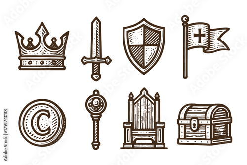 Medieval royalty emblems in vintage engraved style on white