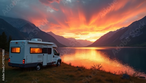 Motorhome sits by still lake as sun sets behind mountains. Orange sky reflects on water. Peaceful camping scene in nature. Adventure and travel.