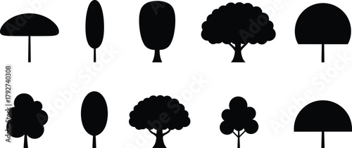 Stylized tree silhouette set, diverse canopy shapes, abstract and natural forms, black vector icons, landscape design elements, botanical illustration, nature graphic collection