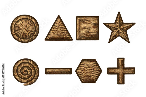Rustic handcrafted wooden shapes collection: circles, triangles, squares, and more