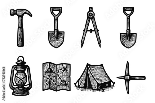 Vintage camping and tools icons set featuring lantern, shovel, compass, and tent