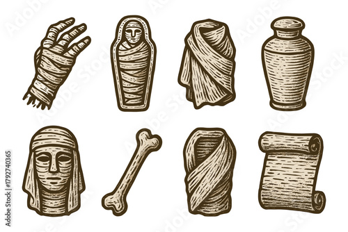 Ancient mummy and relics collection in vintage engraving style