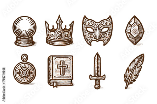 Vintage hand drawn fantasy icons: crown, mask, crystal, sword, compass, feather