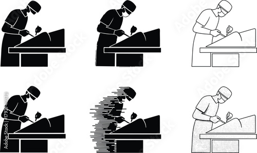 Surgeon performing operation in six artistic styles, silhouette, line art, stippled texture, motion blur, shading detail, medical procedure, healthcare, surgery, precision