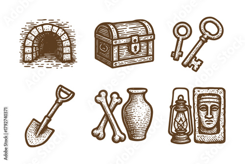 Vintage archaeology collection with treasure chest, keys, and ancient artifacts in hand drawn style