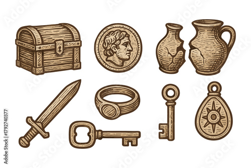 Vintage engraved antique objects collection featuring coins, pottery, and artifacts