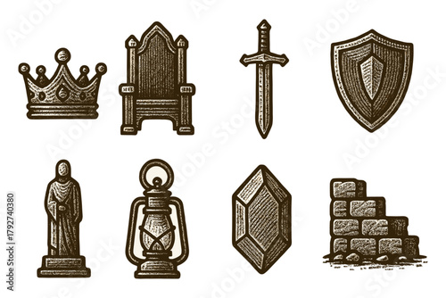 Vintage medieval icons: sword, crown, shield, and more in engraved style