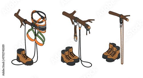 Climbing gear and hiking boots on branches for outdoor adventure enthusiasts