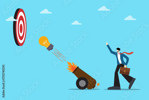 Vector illustration of a businessman using a cannon to shoot a light bulb toward a target, symbolizing creativity, innovation, and strategic thinking in achieving business goals.